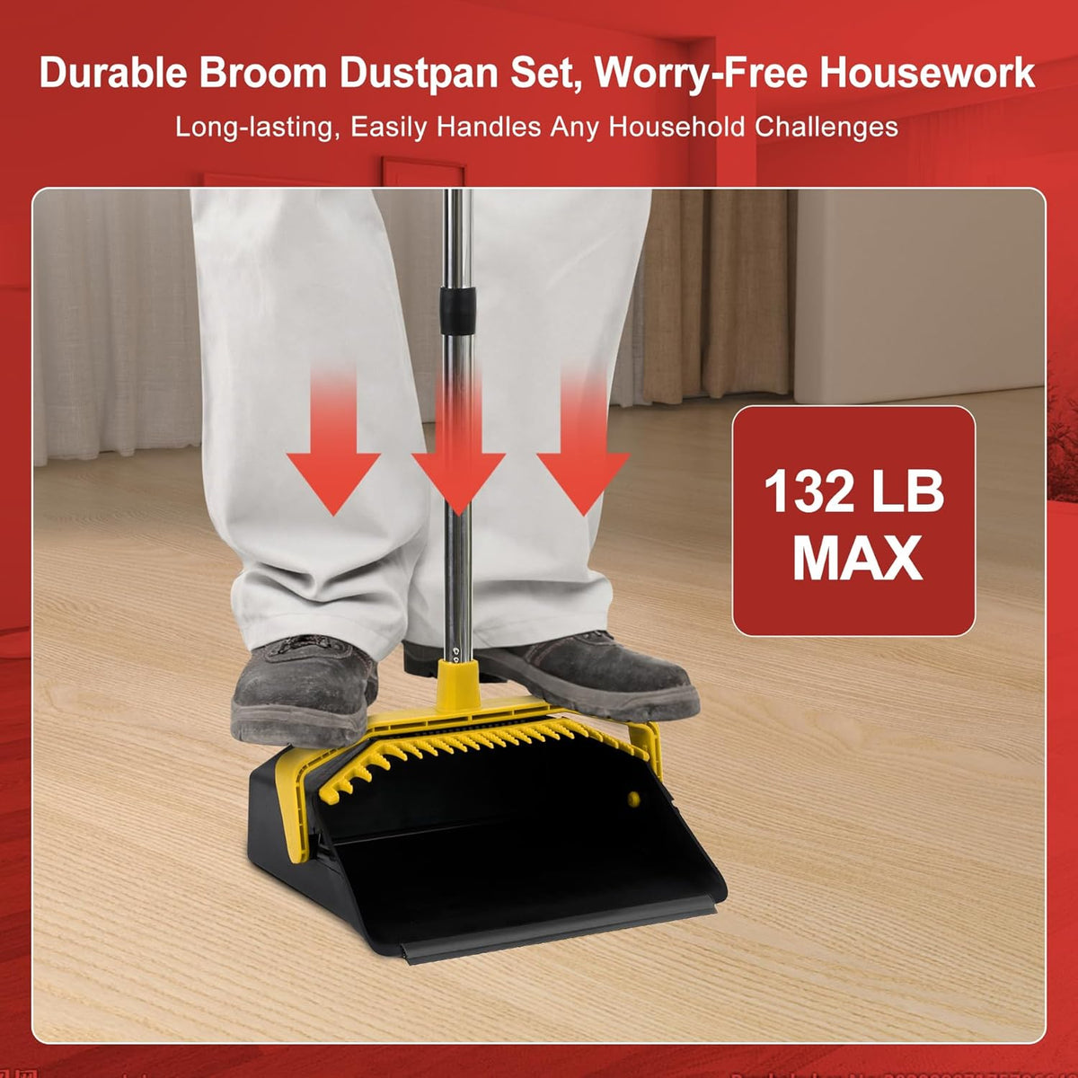 Broom with Dustpan Combo Set, Brooms and Dustpans Sets with 51'' Long Handle, Large Dust Pan and