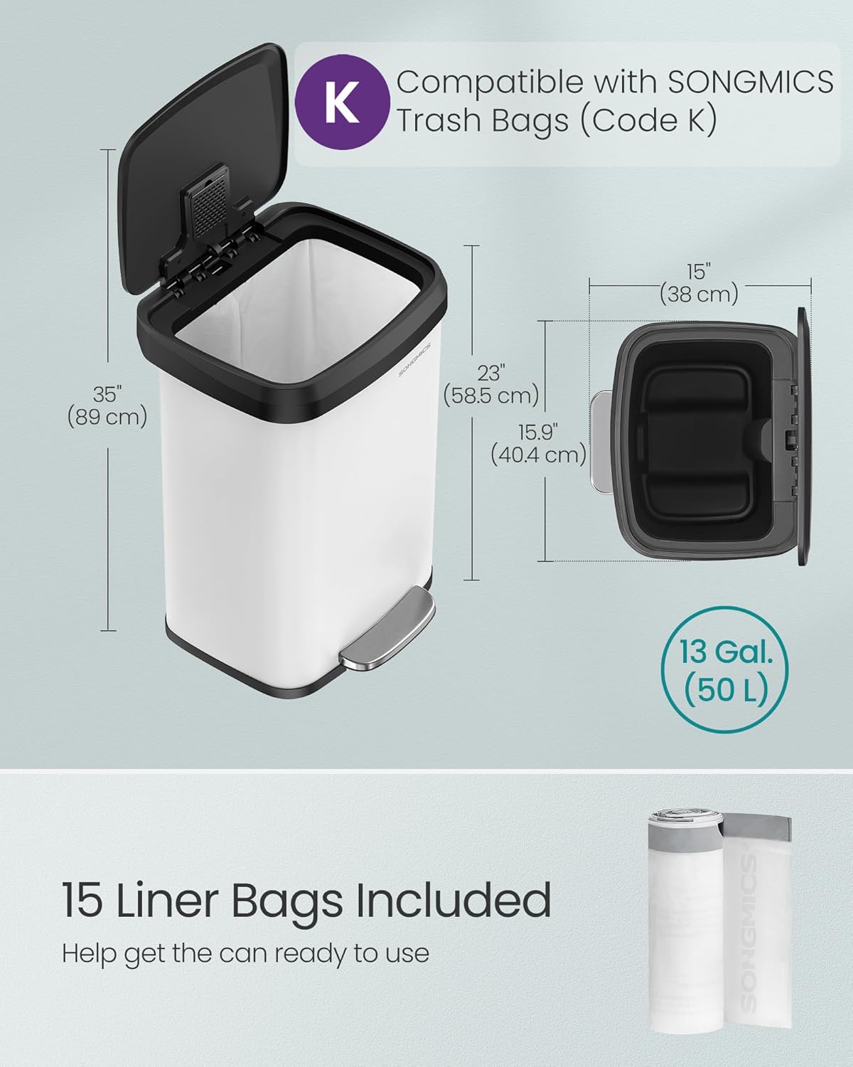 SONGMICS Kitchen Trash Can, 13 Gallon (50 L) Stainless Steel Garbage Can, with Stay-Open Lid and
