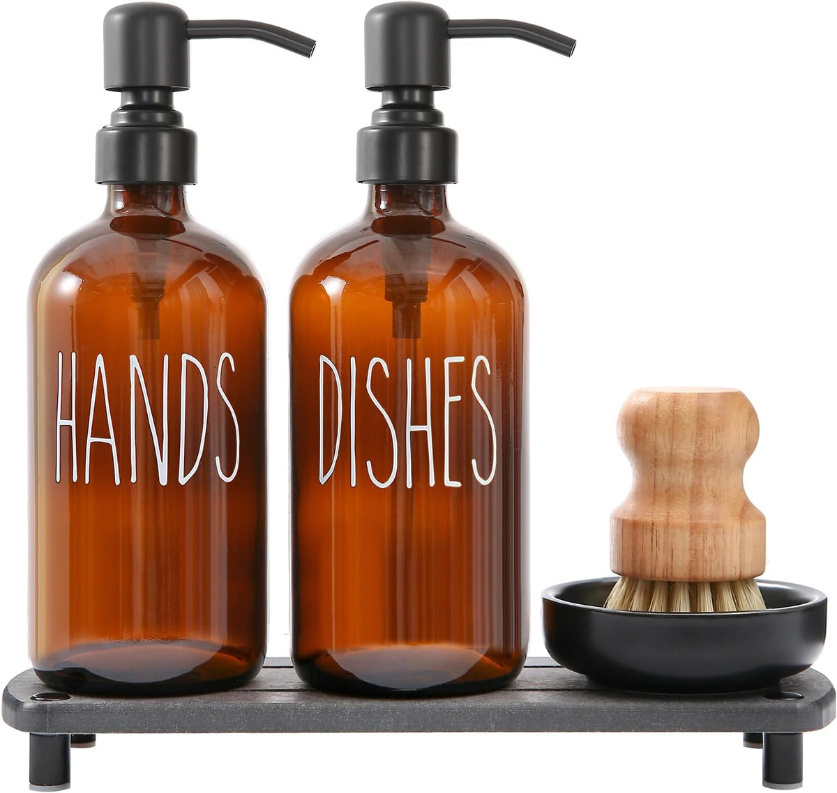 MOMEEMO Amber Glass Soap Dispenser Set Comes with Stainless Steel Pumps, Instant Dry Tray, and Dish
