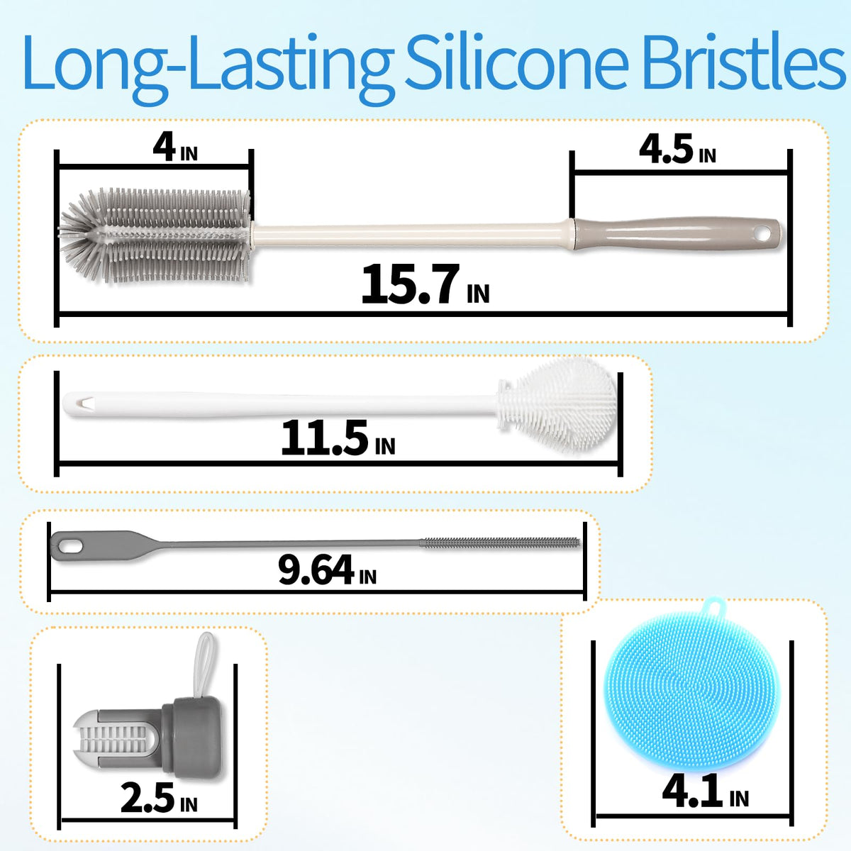 15.7" Silicone Bottle Brush Set - 6 Pack Water Bottle and Straw Cleaner Brush Long Handle for Hydro