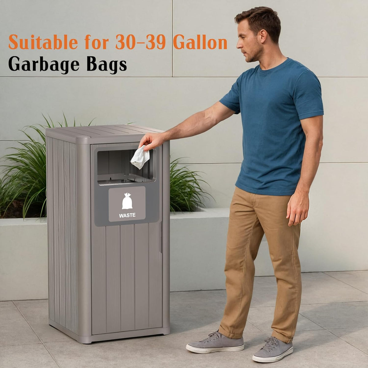 Outdoor Single Barrel Trash Can,Waterproof Resin Garbage Can with Garbage Labels,Durable Waste Bin