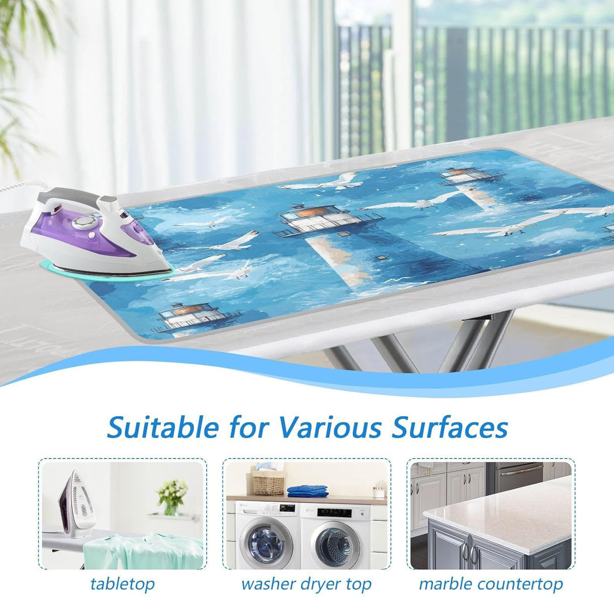 Watercolor Blue Lighthouses and Seagulls Ironing Mat Thickened Ironing Blanket Travel Portable
