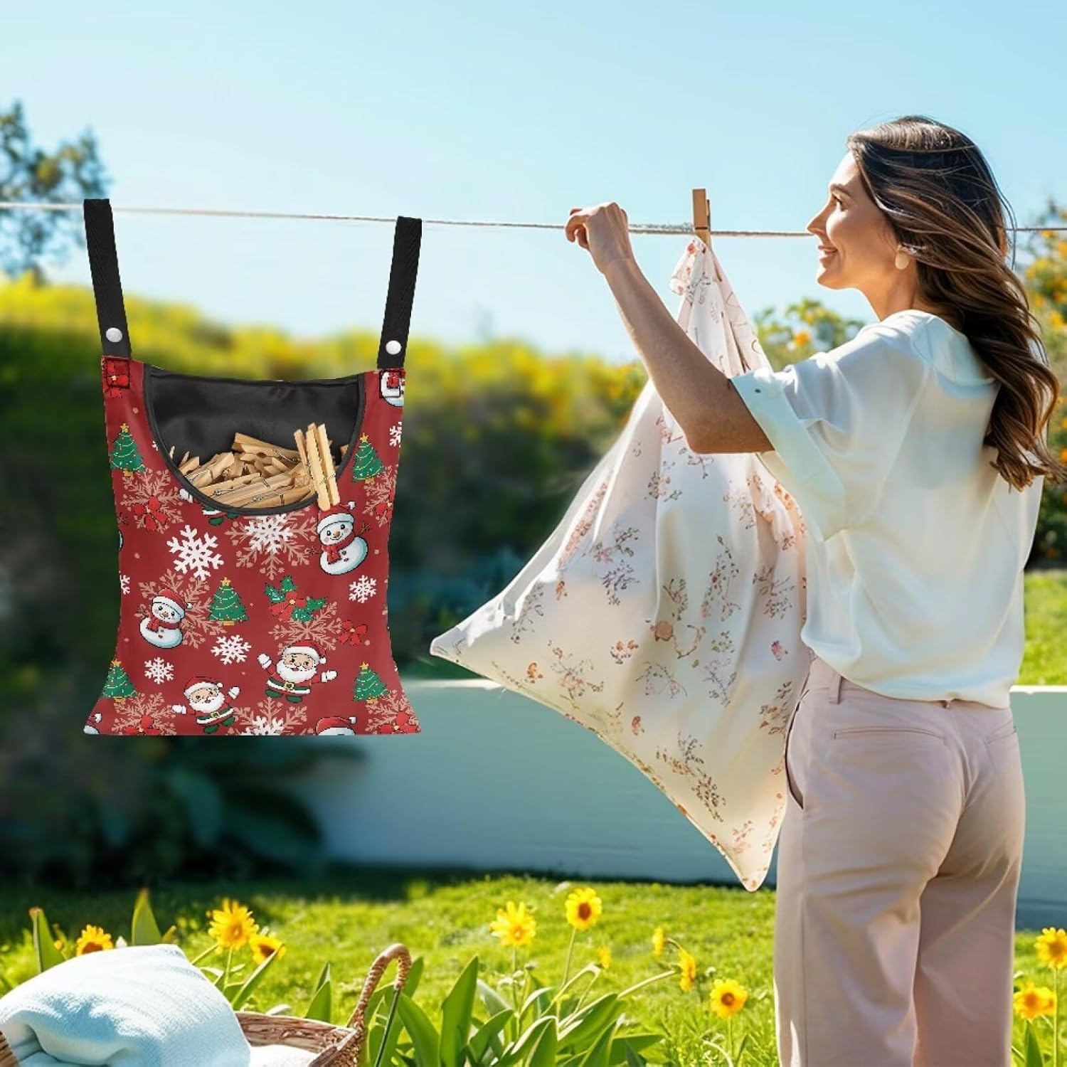 Christmas Theme Handy Clothespin Bags Maple Leaf Space-Saving Clothespin Storage Hanger Bag