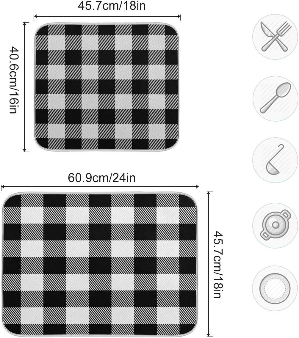 White and Black Buffalo Plaid Dish Drying Mat 16x18 for Kitchen Classic Buffalo Check Dishes Pad