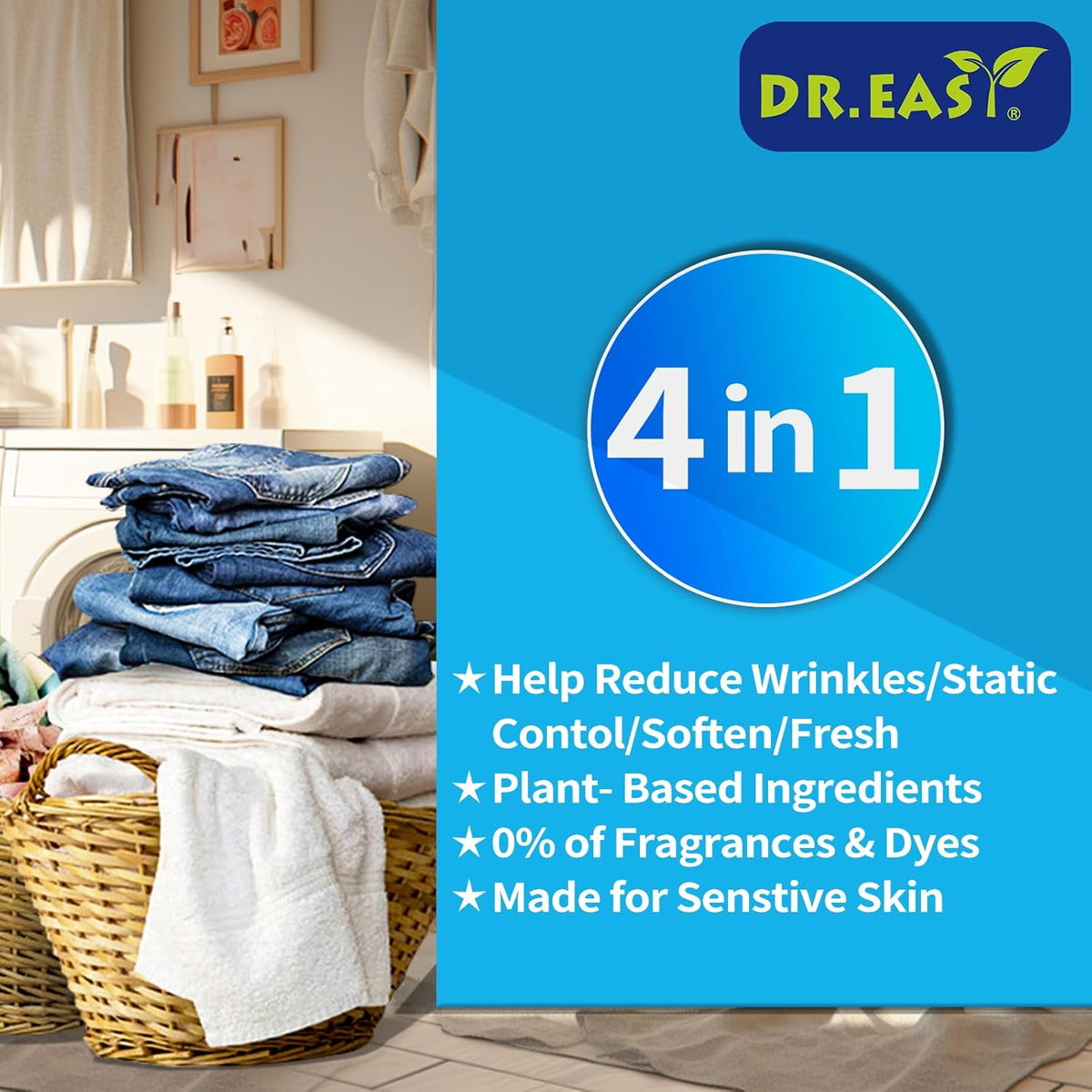 DR.EASY Dryer Sheets Plant Based Formula 252 Ct BLUE OCEAN,Softener sheets for Laundry Unscented No