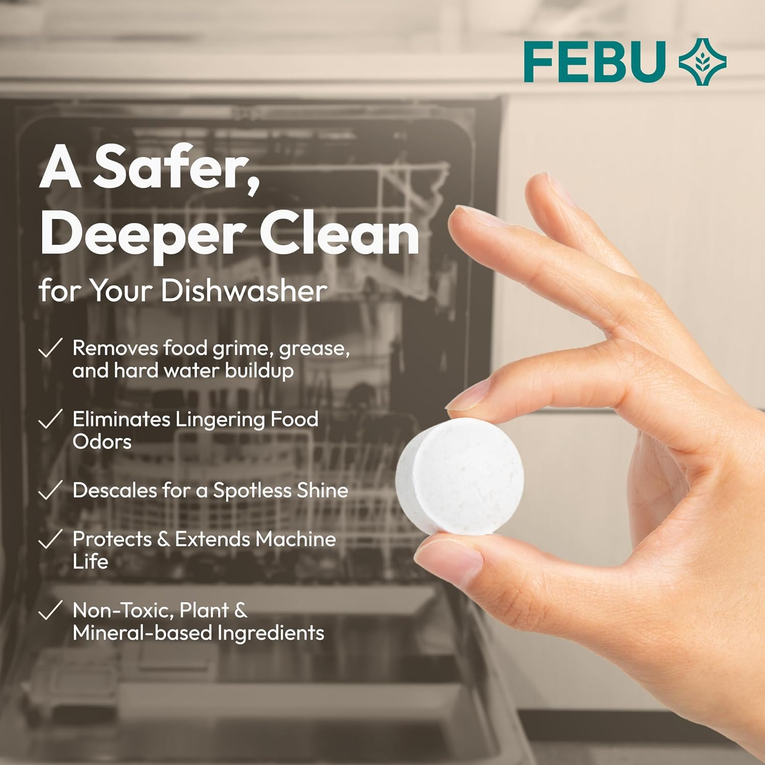 FEBU Dishwasher Cleaner Tablets Made in USA | Natural Dishwasher Cleaner and Deodorizer |