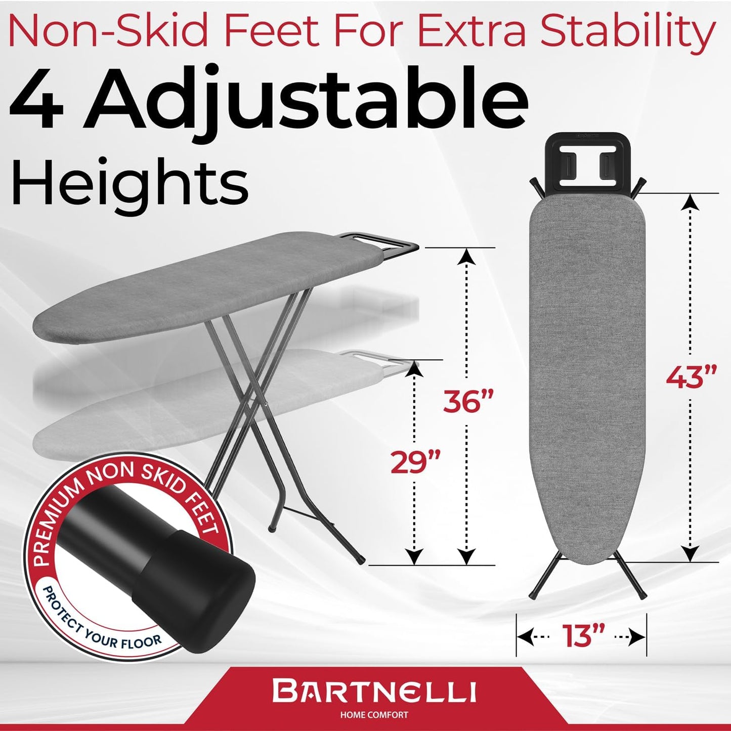 Bartnelli by Rorets Ironing Board Made in Europe | Iron Board with 4 Layered Cover & Pad, Height