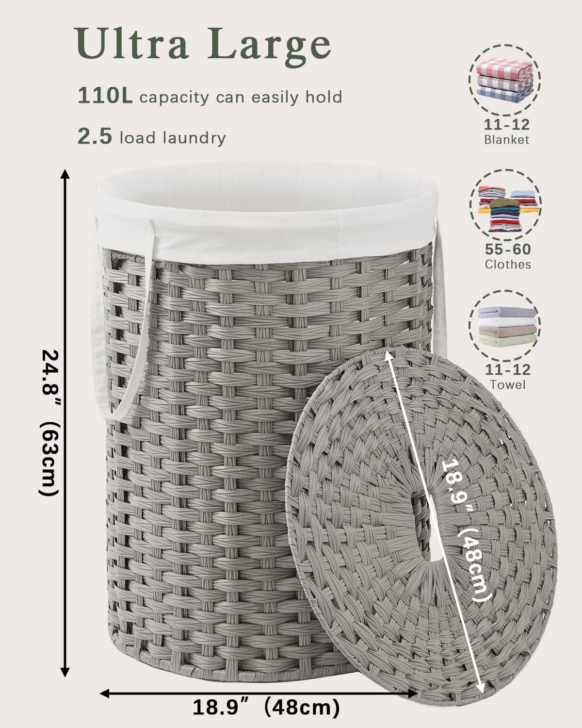 Laundry Basket with Lid Round Rattan Laundry Hamper with Lid and Handles 29.1 Gal (110 L) Handwoven