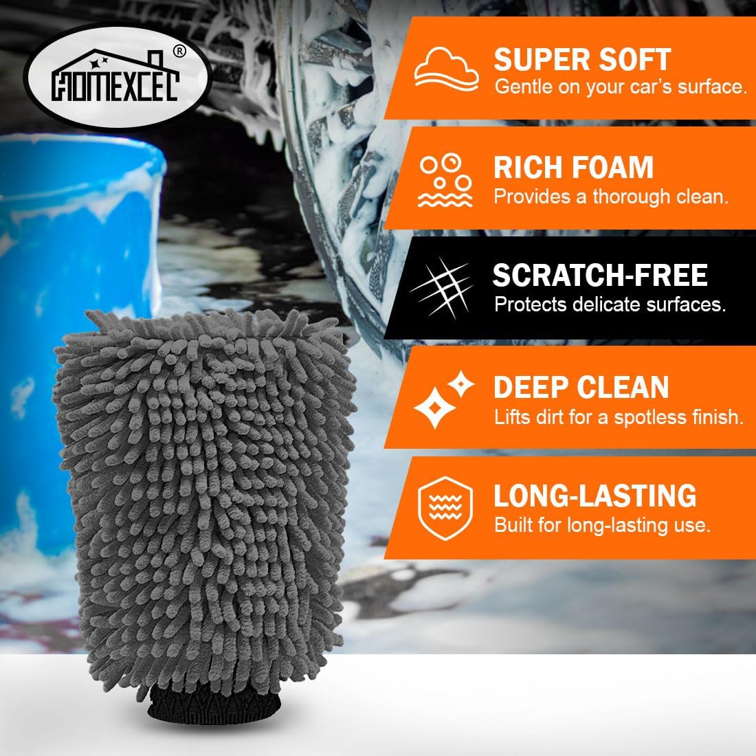 HOMEXCEL Car Wash Mitt, 2PK Chenille Microfiber Wash Mitt, Scratch-Free & Lint-Free, Rich Foam