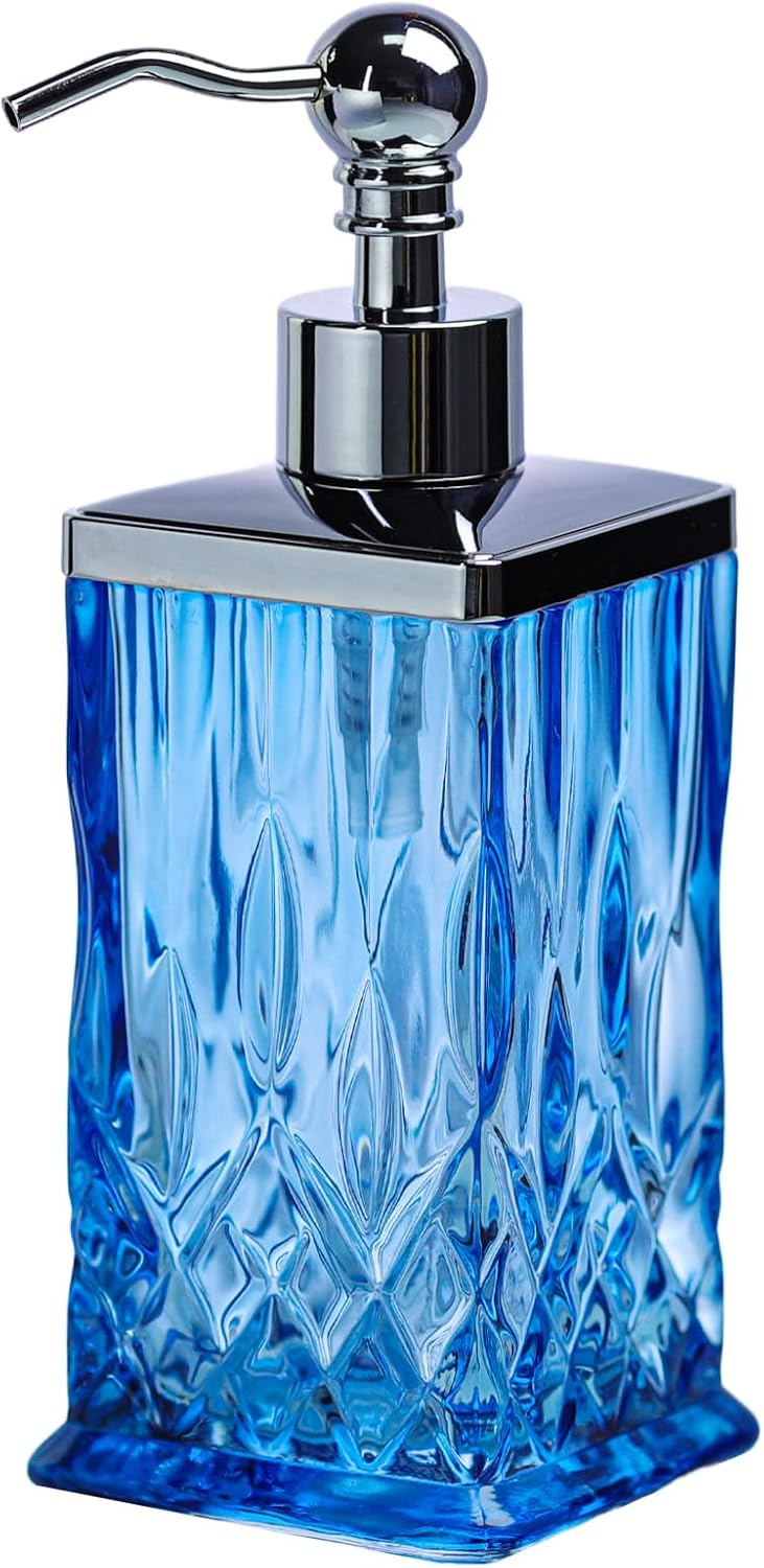 10Oz Diamond Grid Pattern Blue Glass Soap Dispenser with Rust Proof Stainless Steel Pump,Refillable