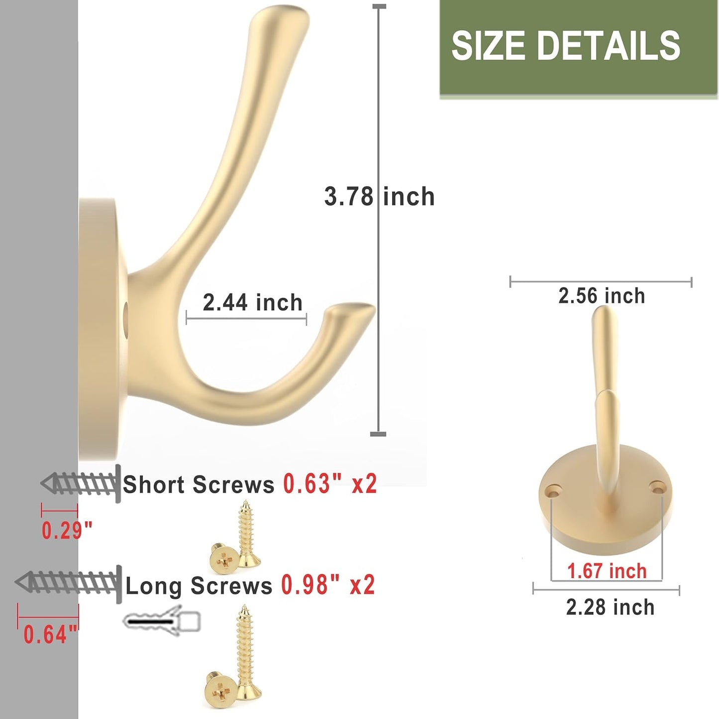 Gold Wall Hooks, 5 Pack Coat Robe Hook Heavy Duty Metal Double Bath Hook Wall Mounted, Hand Towel