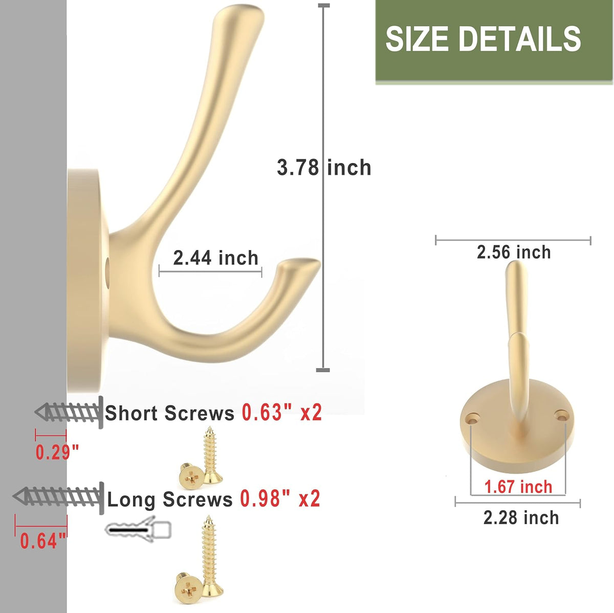 Gold Wall Hooks, 5 Pack Coat Robe Hook Heavy Duty Metal Double Bath Hook Wall Mounted, Hand Towel