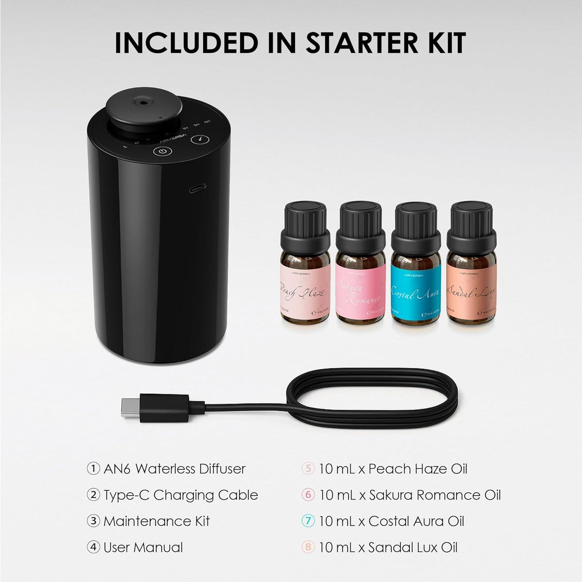 Airversa Waterless Essential Oil Diffuser Starter Kit with 4 x 10mL Fragrance Scent Oil, Battery