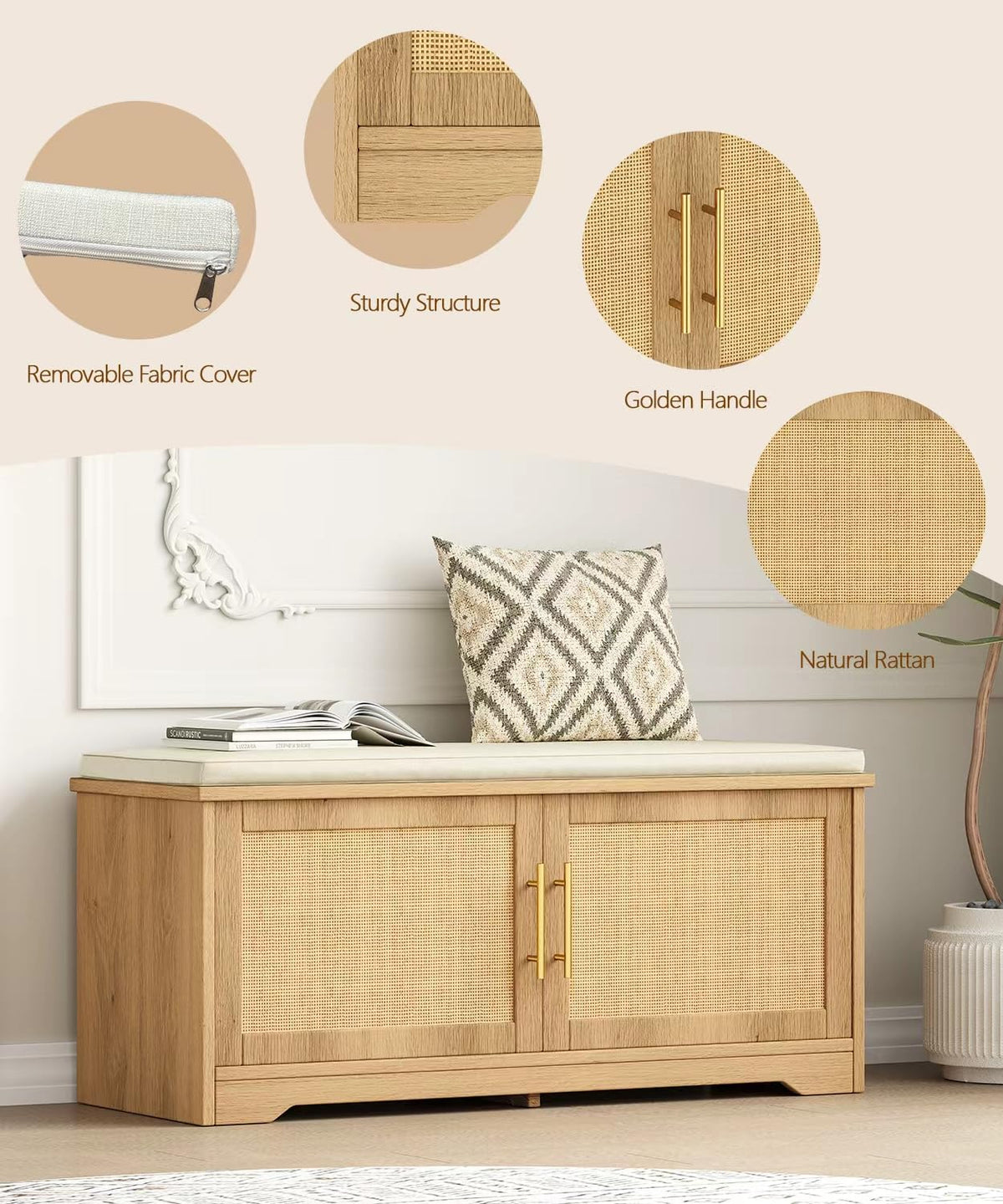 Zeibospri Rattan Shoe Storage Bench, 39.4" Wide Entryway Bench, Natural Oak