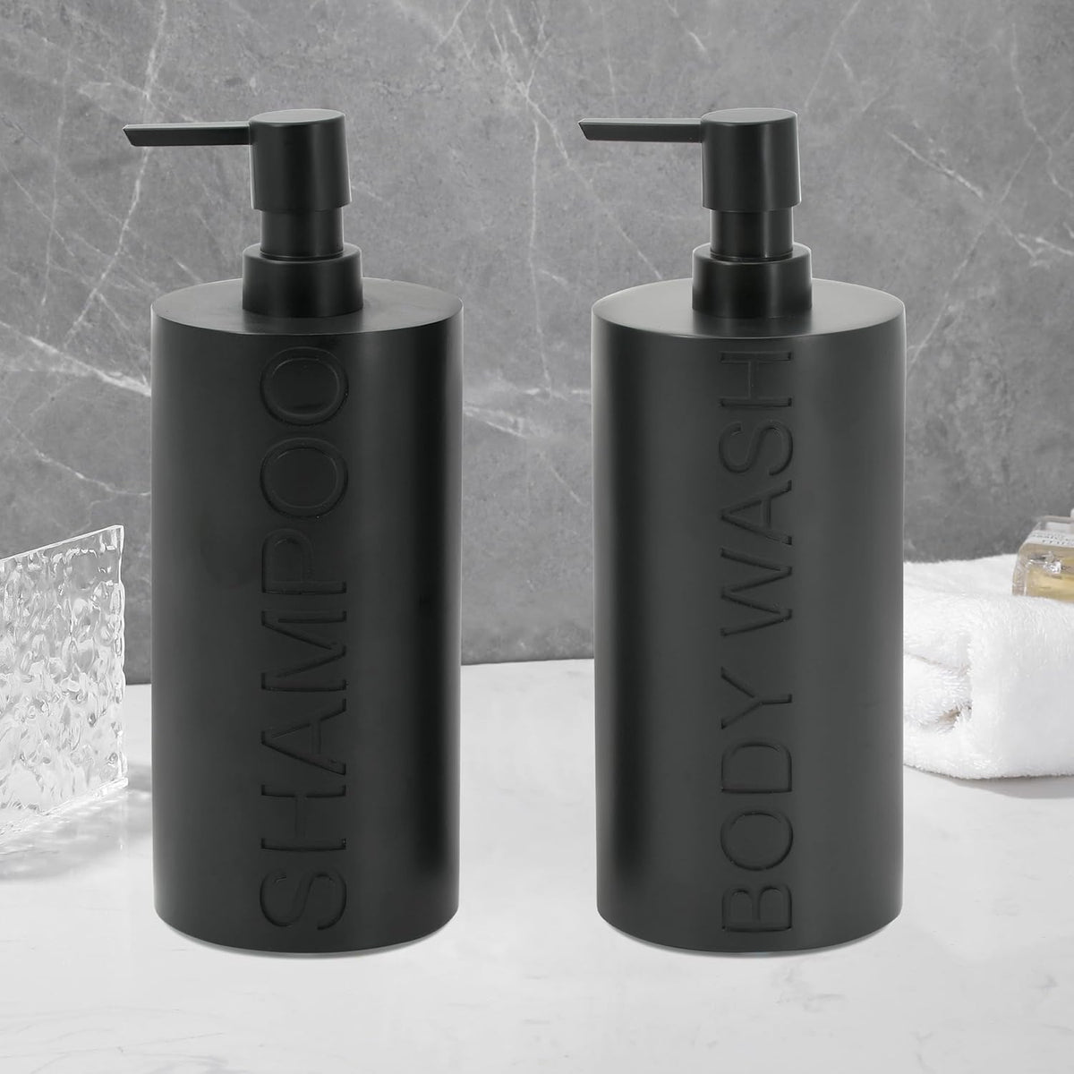 Matte Black Resin 2 Piece Shampoo and Body Wash Dispenser Set, Luxurious Refillable Pump Bottles