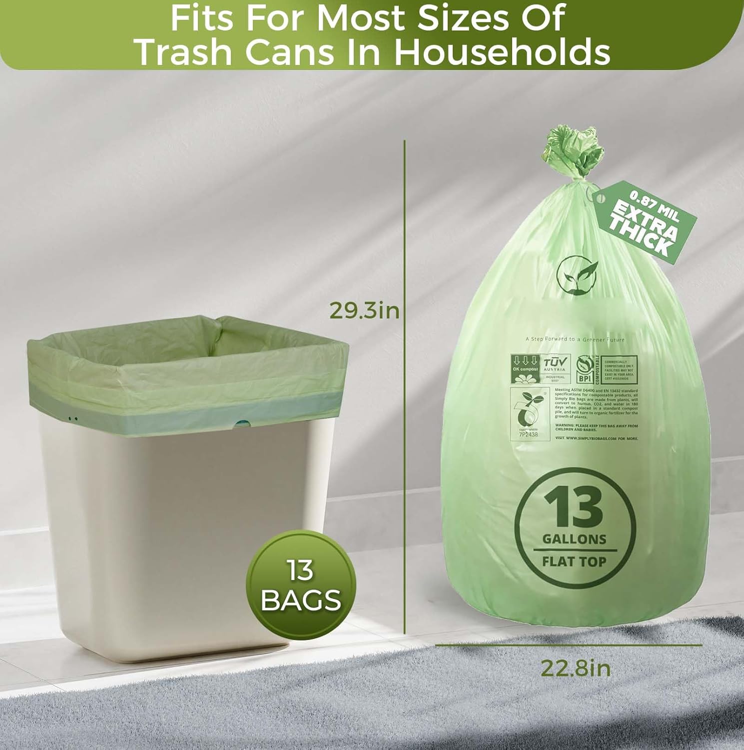 13 Gallon Compostable Trash Bags with Flat-Top, Thick 0.87 Mil, 49.21 Liter, 50 Bags, Tall Kitchen