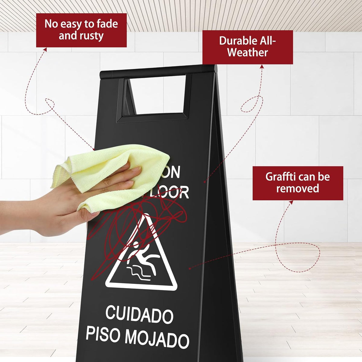 Stainless Steel Wet Floor Caution Sign Bulk 8.8 Pound Portable Foldable Handle Bilingual Safety