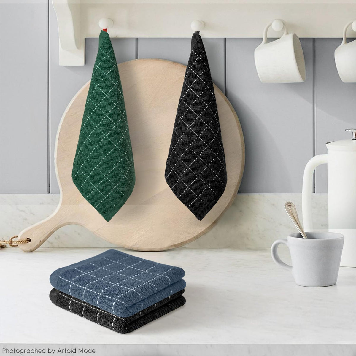 Artoid Mode Checkered Designed Cotton Grey Black Green Terry Kitchen Dish Cloths, 12x12 Inch Soft