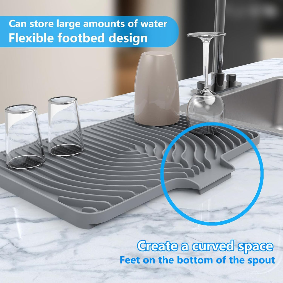 Kitchen Drying Mat for sink with a bulged edge,18"×12"Silicone Dish Drying Mat with built-in Drain