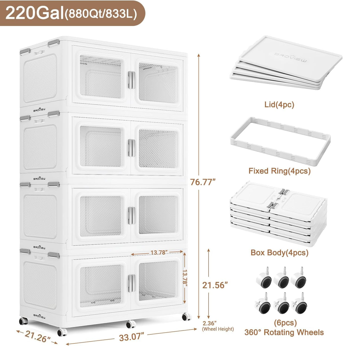 BROVIEW 880 Qt Stackable Storage Bin with Lids, 220Gal Extra Large Collapsible Storage Boxes