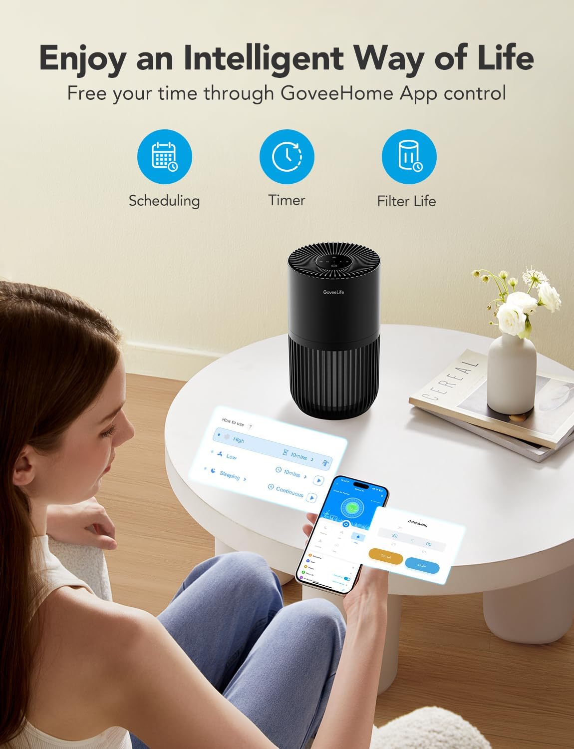 GoveeLife Mini Air Purifier for Bedroom, Smart Filter Air Purifier with App Alexa Control for Pet
