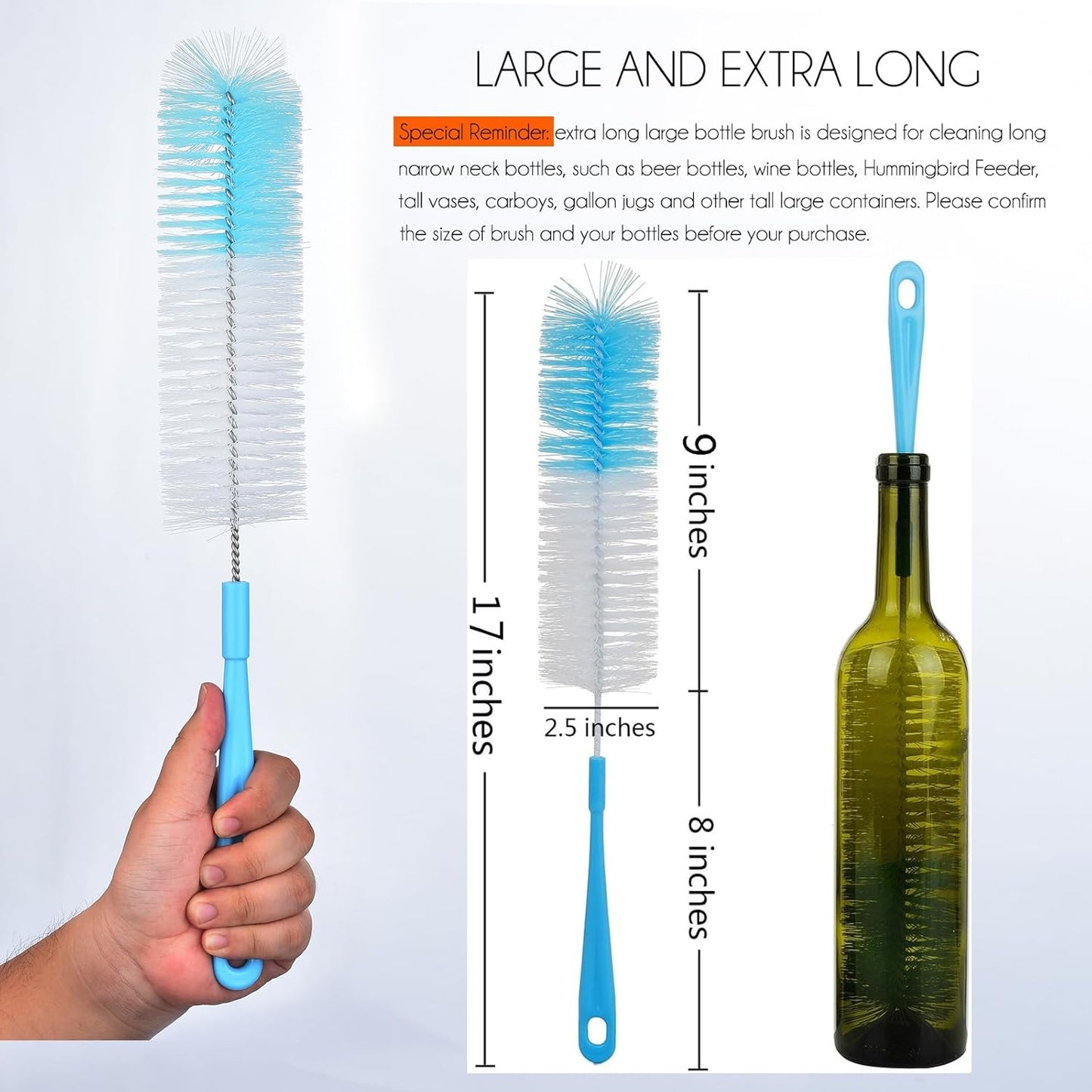 3-Pack Long Bottle Cleaning Brush for Narrow Neck Beer, Wine, Flask, Thermos, Sportwell, Pitcher