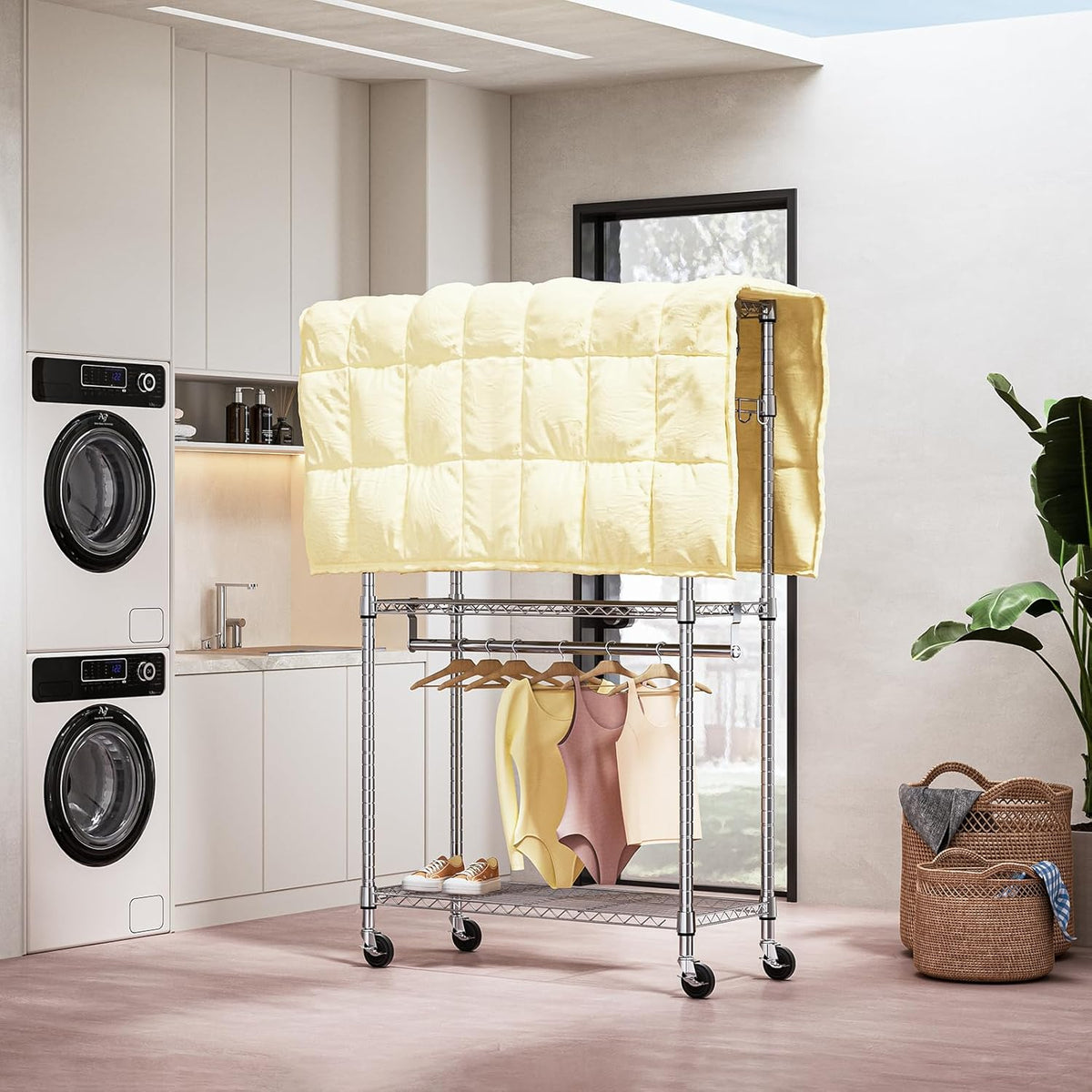 Heavy Duty Rolling Garment Rack 3 Tiers Adjustable Wire Shelving Clothes Rack with 2 Rods and Side