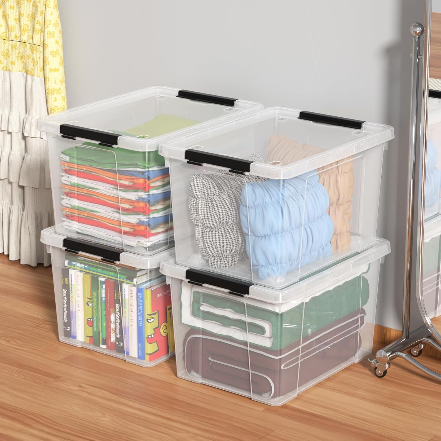 Set of 4 50 L Stackable Plastic Storage Container with Latching Lids and Wheels, Clear Home Garage