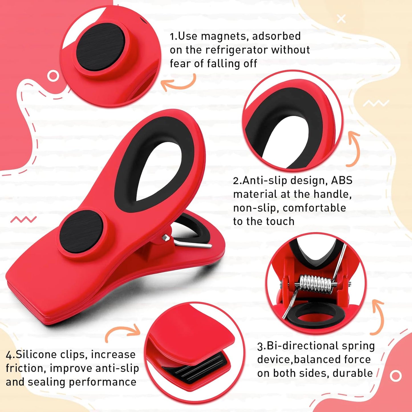 FINDMAG 12 Pack Chip Clips, Red Magnetic Bag Clip for Food Packages, Airtight Clips with Handle