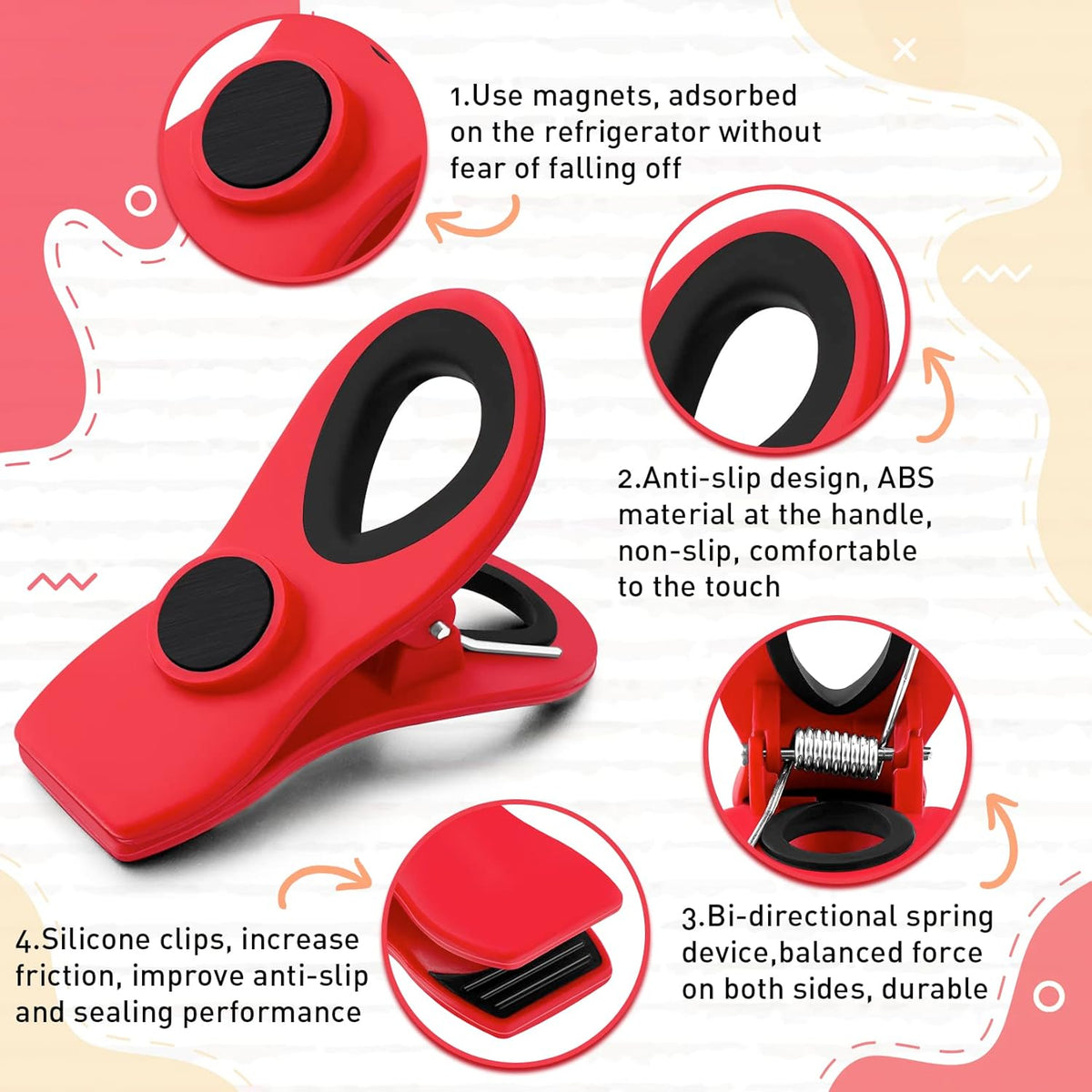 FINDMAG 12 Pack Chip Clips, Red Magnetic Bag Clip for Food Packages, Airtight Clips with Handle