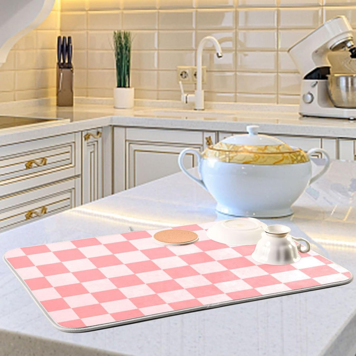 Buffalo Plaid Pink Dish Drying Mat for Kitchen Countertop 16x18 Chessboard Rectangle Small Drying