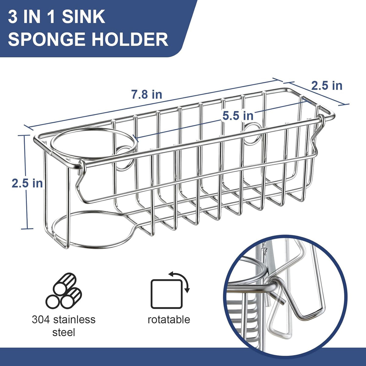 3-In-1 Sponge Holder for Kitchen Sink with Suction Cups & Adhesive Hook, In-sink Sponge Holder