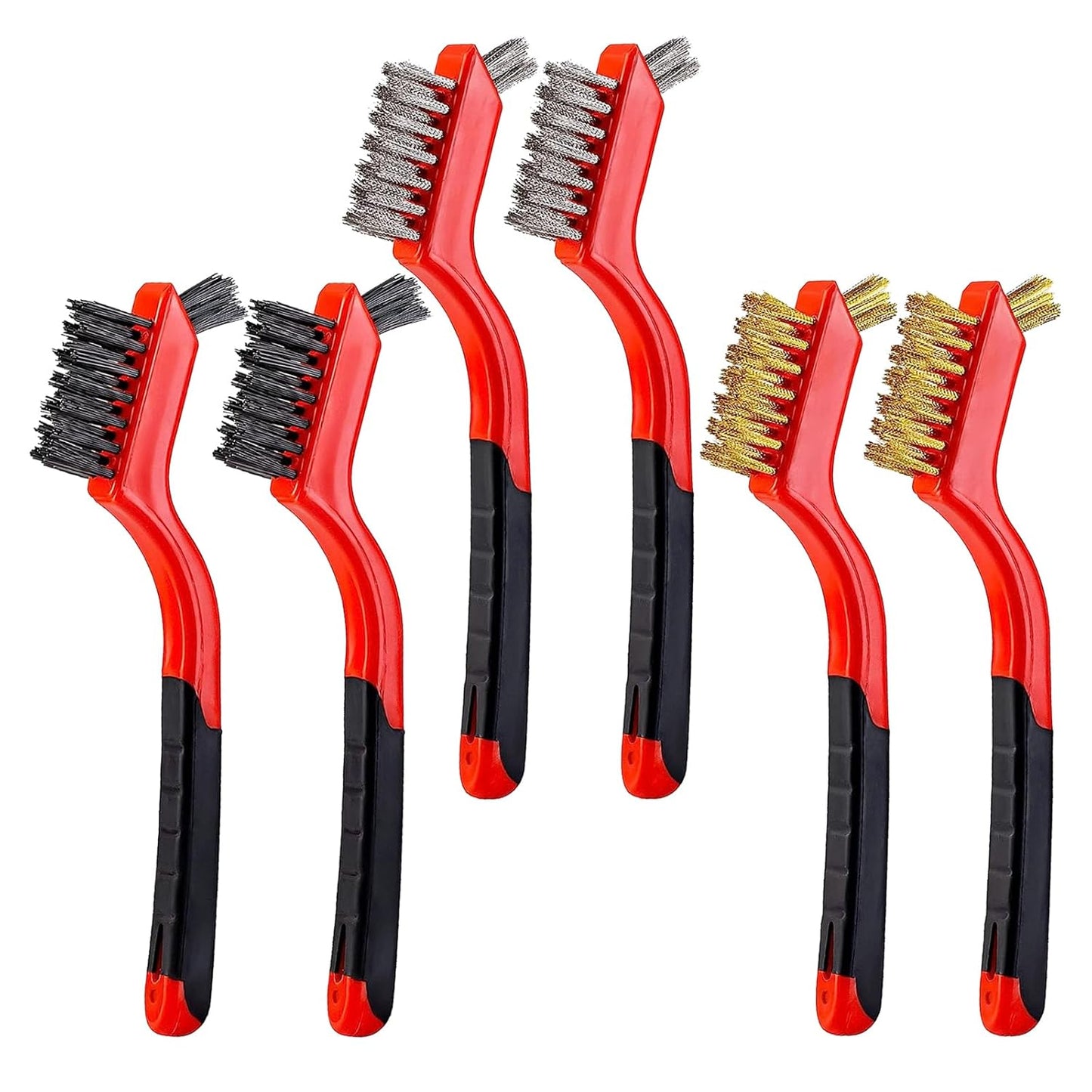 6Pcs Mini Wire Brush Set, Stainless Steel/Brass/Nylon Bristles Wire Brushes, Curved Handle Soft