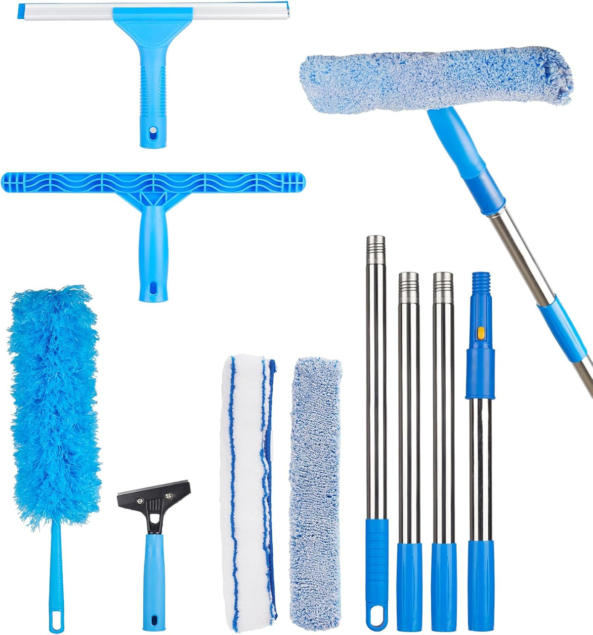 Window Squeegee Cleaner with 4 Stainless Steel Extension Poles,Long Reach to 58inch, Scrubber