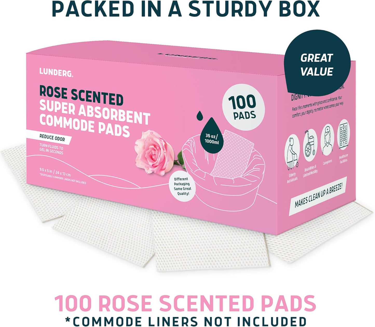 Lunderg Rose Scented Super Absorbent Commode Pads - Medical Grade Value Pack 100 Count - for