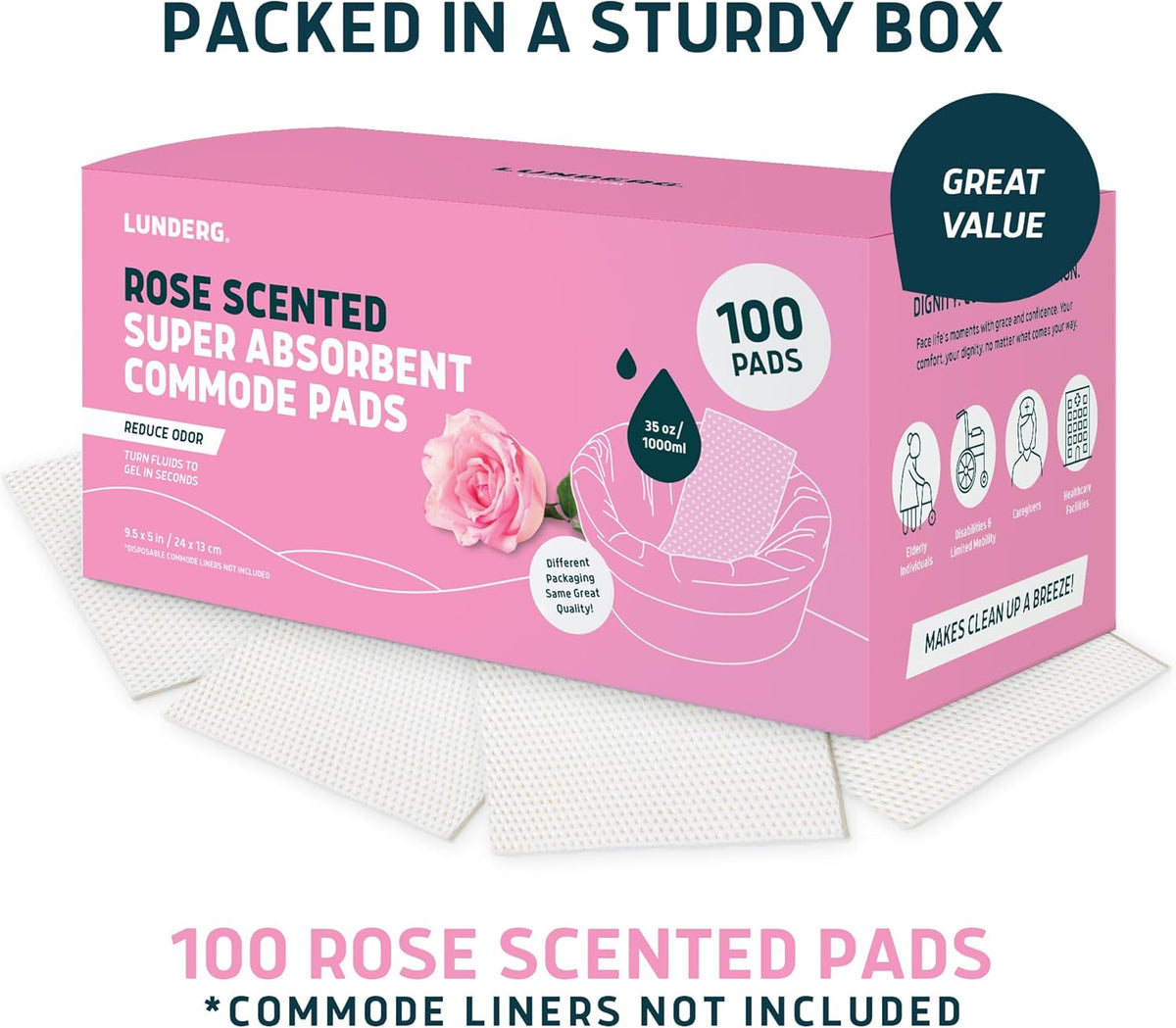 Lunderg Rose Scented Super Absorbent Commode Pads - Medical Grade Value Pack 100 Count - for