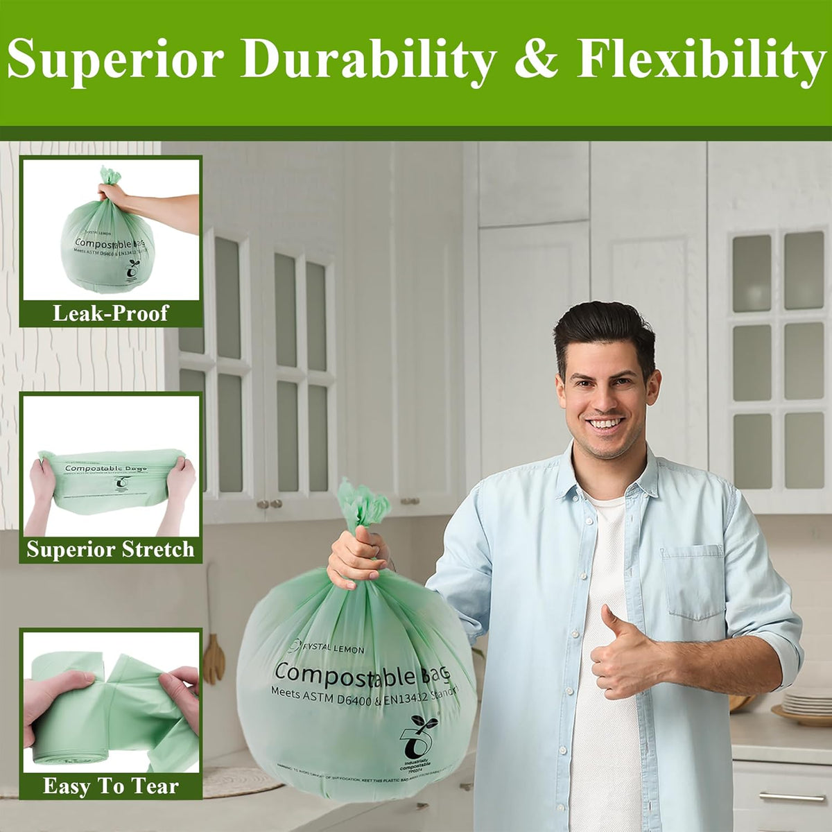 Crystal Lemon 30-Count Biodegradable 6 Gallon Bags, Heavy Duty and Unscented – Ideal for Kitchen