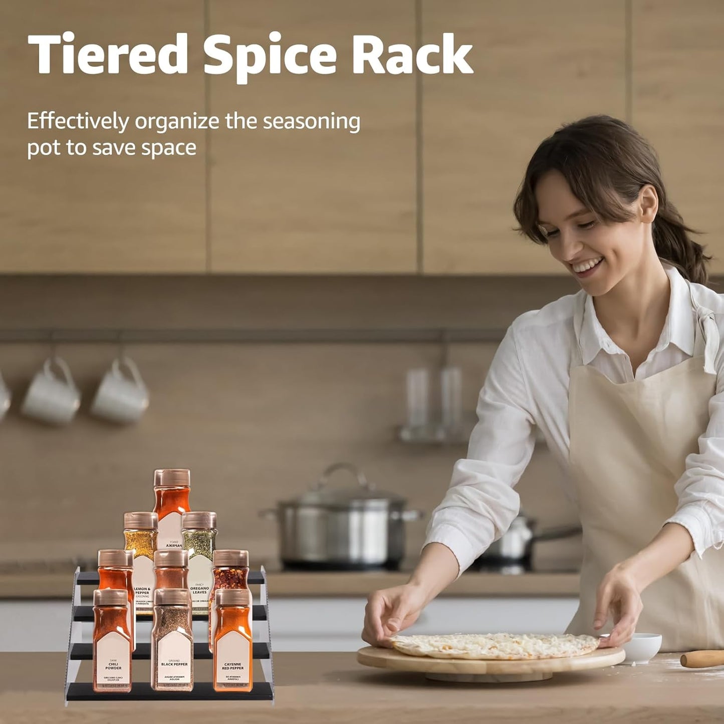 nianfeng Tiered Spice Rack, 4-Tier Spice Pantry Kitchen Cabinet Organizer, 12-Inch, Natural Wood