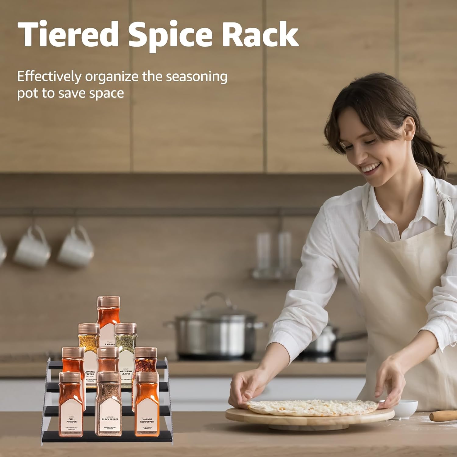 nianfeng Tiered Spice Rack, 4-Tier Spice Pantry Kitchen Cabinet Organizer, 12-Inch, Natural Wood