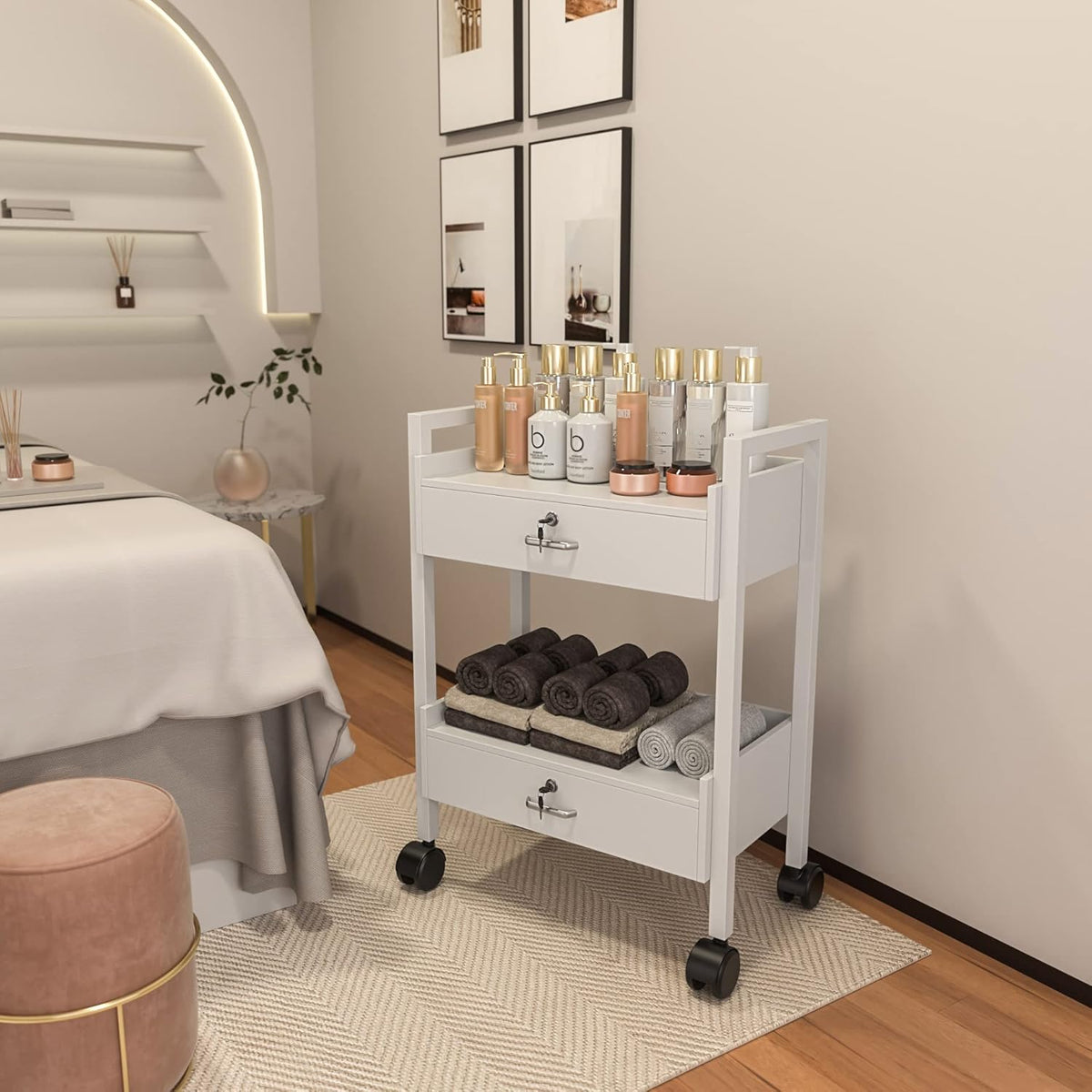 Paddie Salon Trolley Cart, Salon Tray Wooden Mobile Utility Cabinet with 2 Lockable Drawers