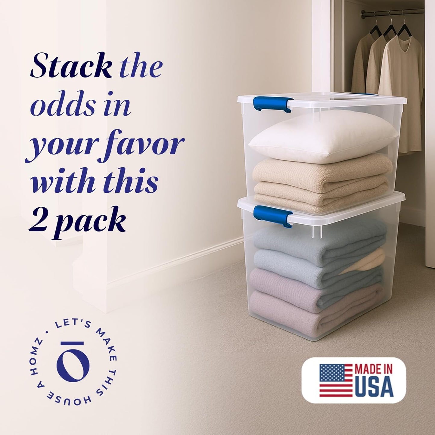 HOMZ 2-Pack Latching Lid, Clear Plastic Storage Organizer Bins, 112 Quart, Blue Latch - Stackable