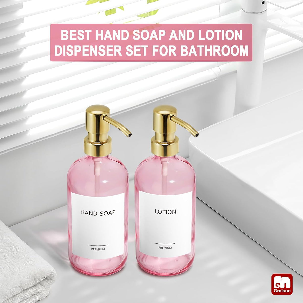 GMISUN Pink Soap Dispenser Bathroom, 2 Pack Kitchen Hand and Dish Soap Dispensers Set, 17 Fl Oz