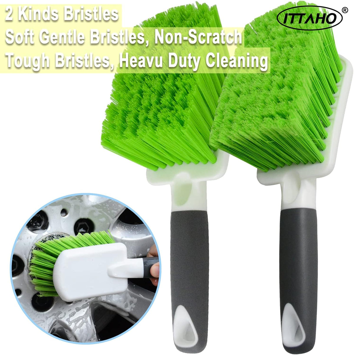 ITTAHO 2 Pack Car Wash Brush, Tire Brush for Cleaning Tires, Soft & Stiff Bristle Wheel Cleaner