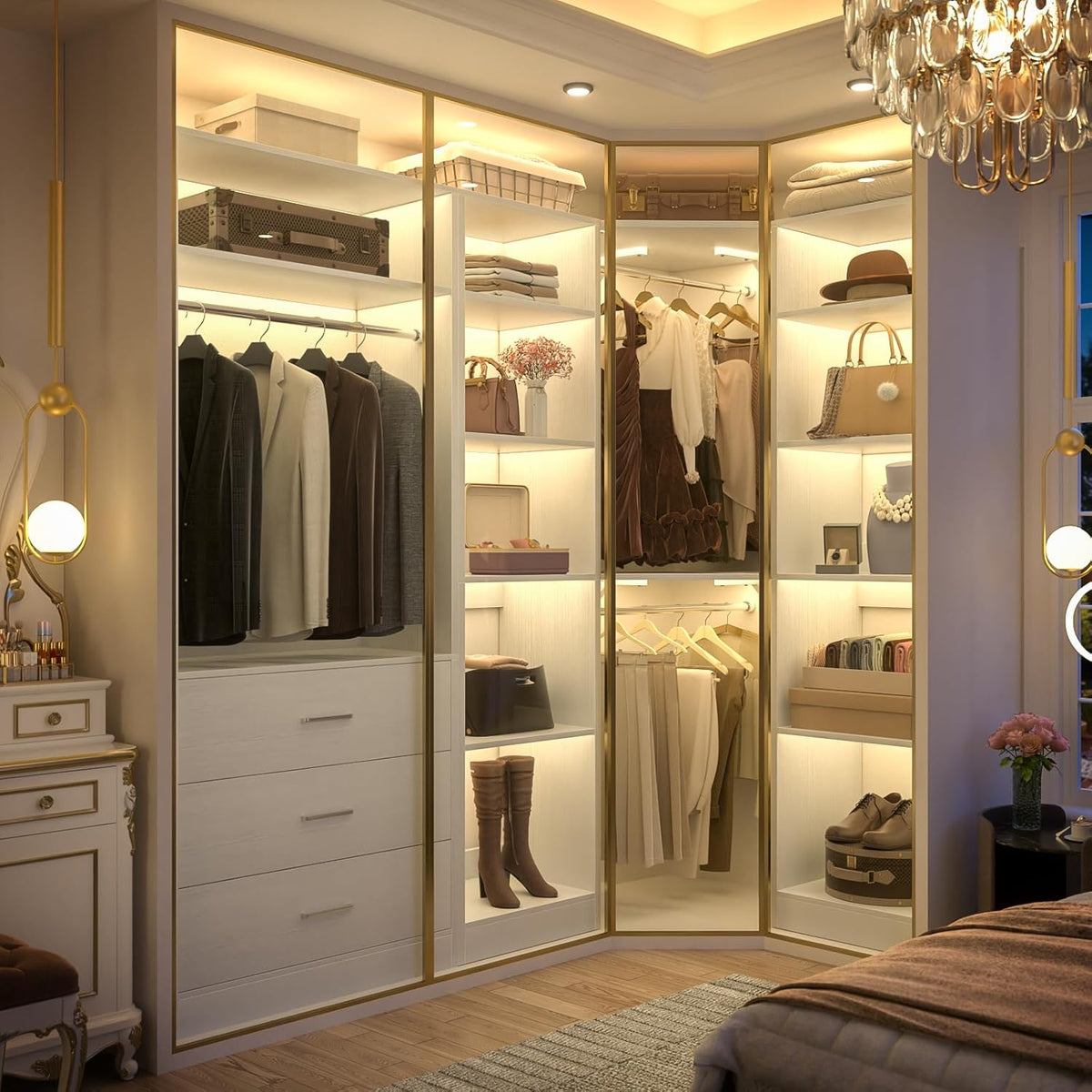 Corner Closet System with 3 Drawers, Corner Closet Organizer System with 13 Shelves & 3 Hanging