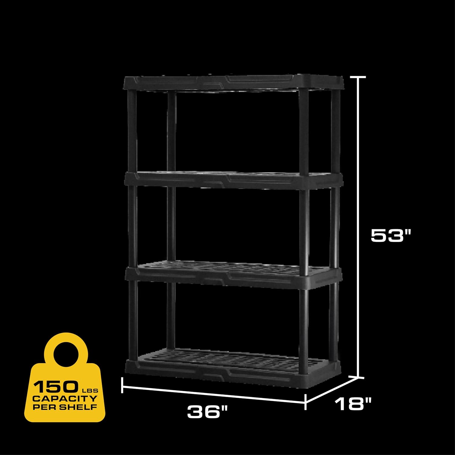 CX 4-Tier (53”H x 36”W x 18”D) Plastic Storage Shelving Unit (Black), Heavy Duty, 150lbs Per Shelf