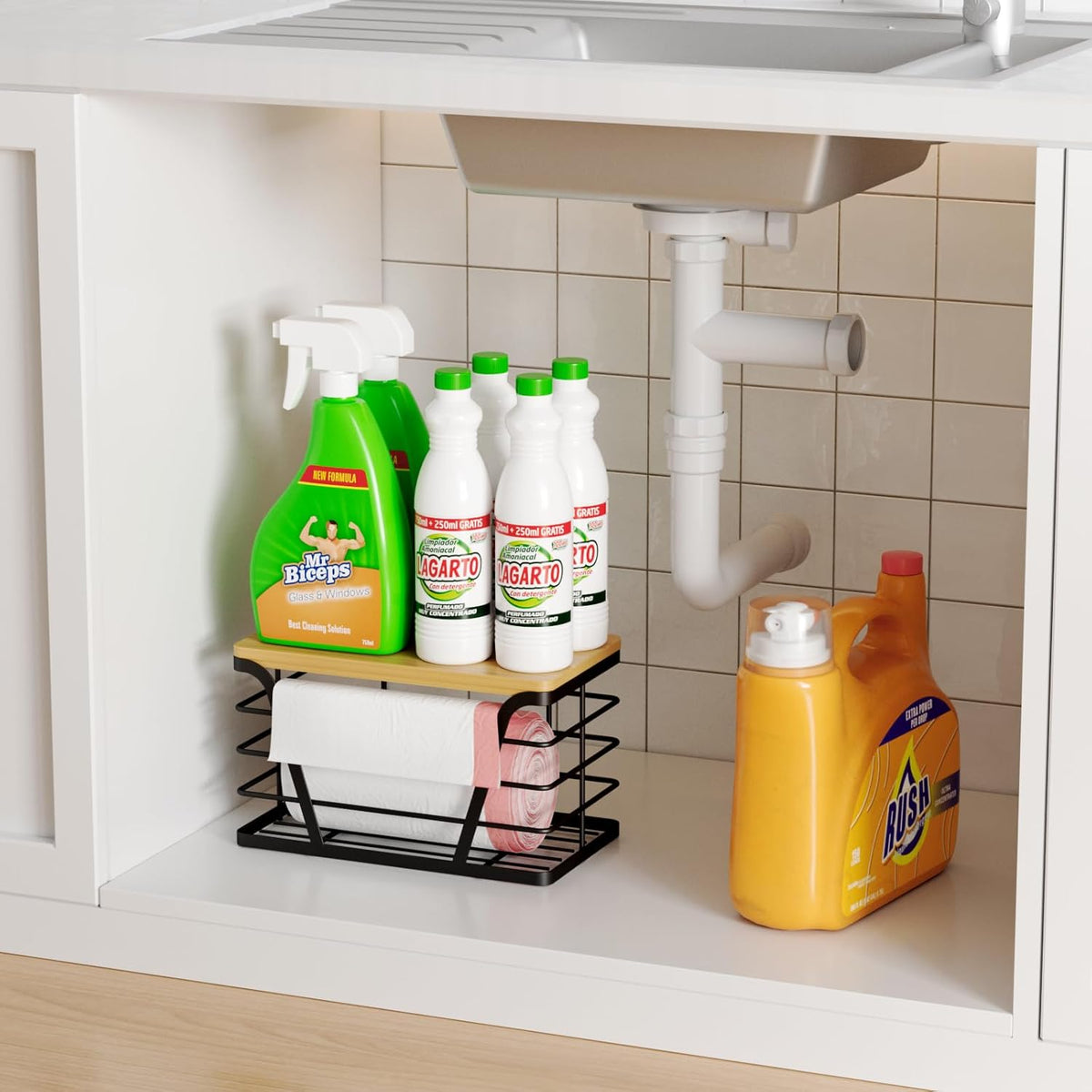 Small Grocery Bag Holder, Trash bag holder with Removable Bamboo Top, Wall Mount, No Drill