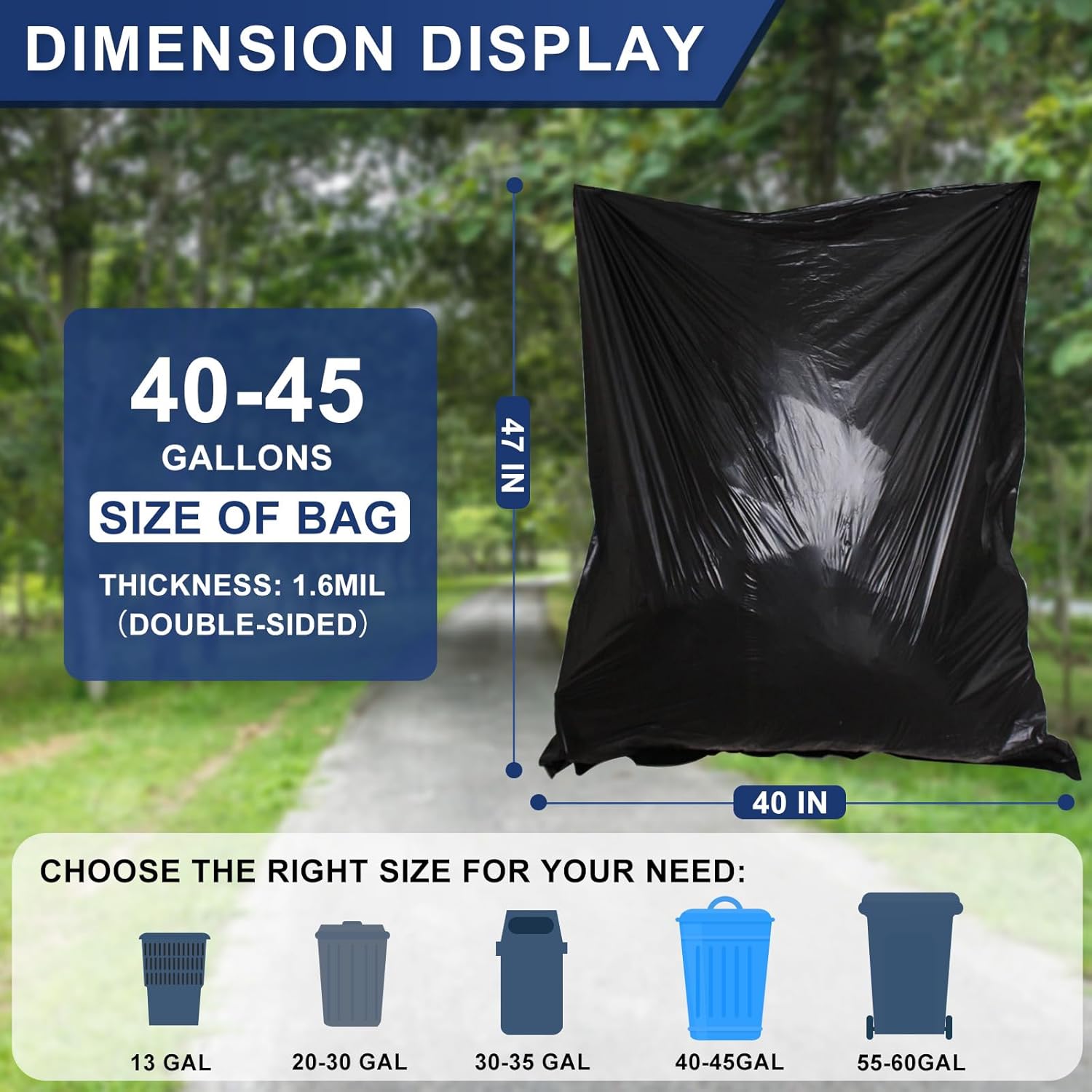 Large 40-45 Gallon Trash Bags Heavy Duty - 1.6 Mil Thick,39''x47'' Strong Black Garbage Bags