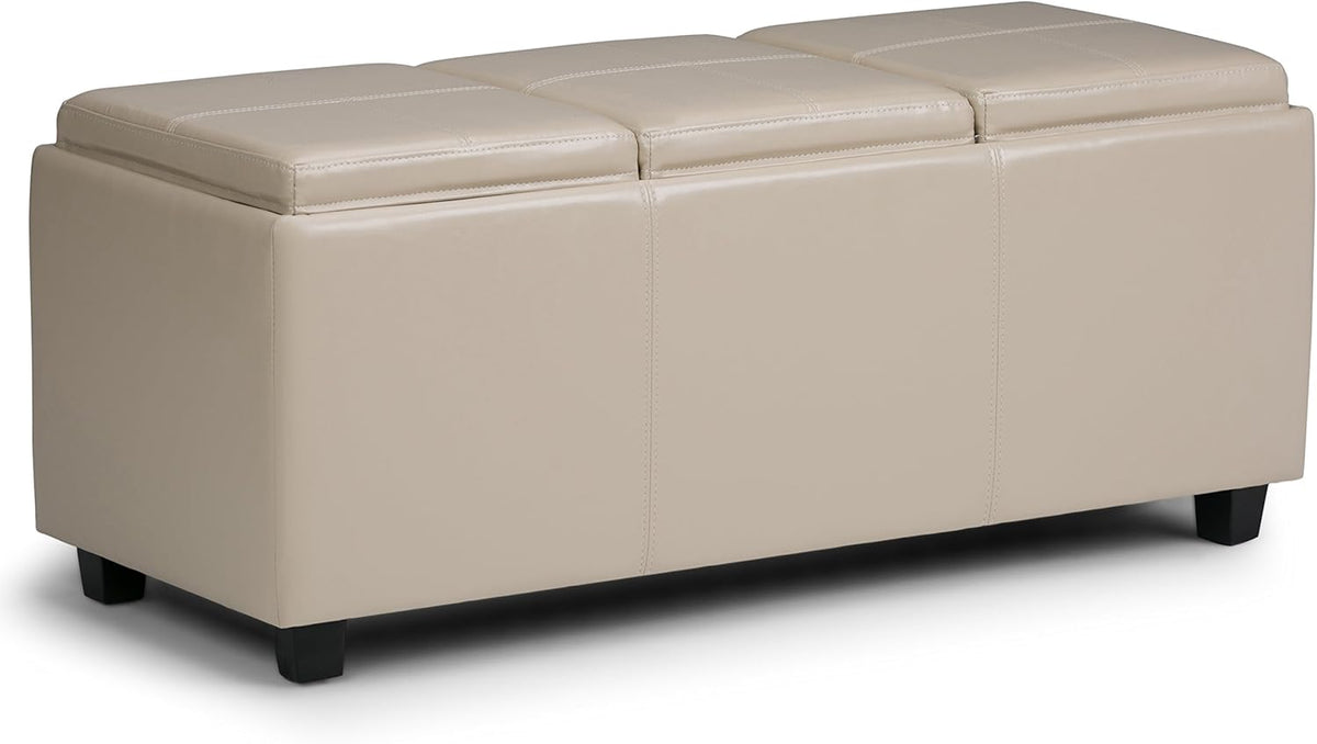 SIMPLIHOME Avalon 42 inch Wide Contemporary Rectangle Storage Ottoman in Satin Cream Vegan Faux