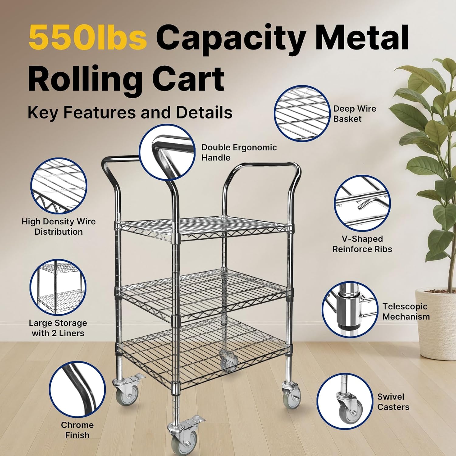 Northsky 3-Shelf Wire Utility Cart on Wheels, Chrome Finish Rolling Metal Shelving with Wheels