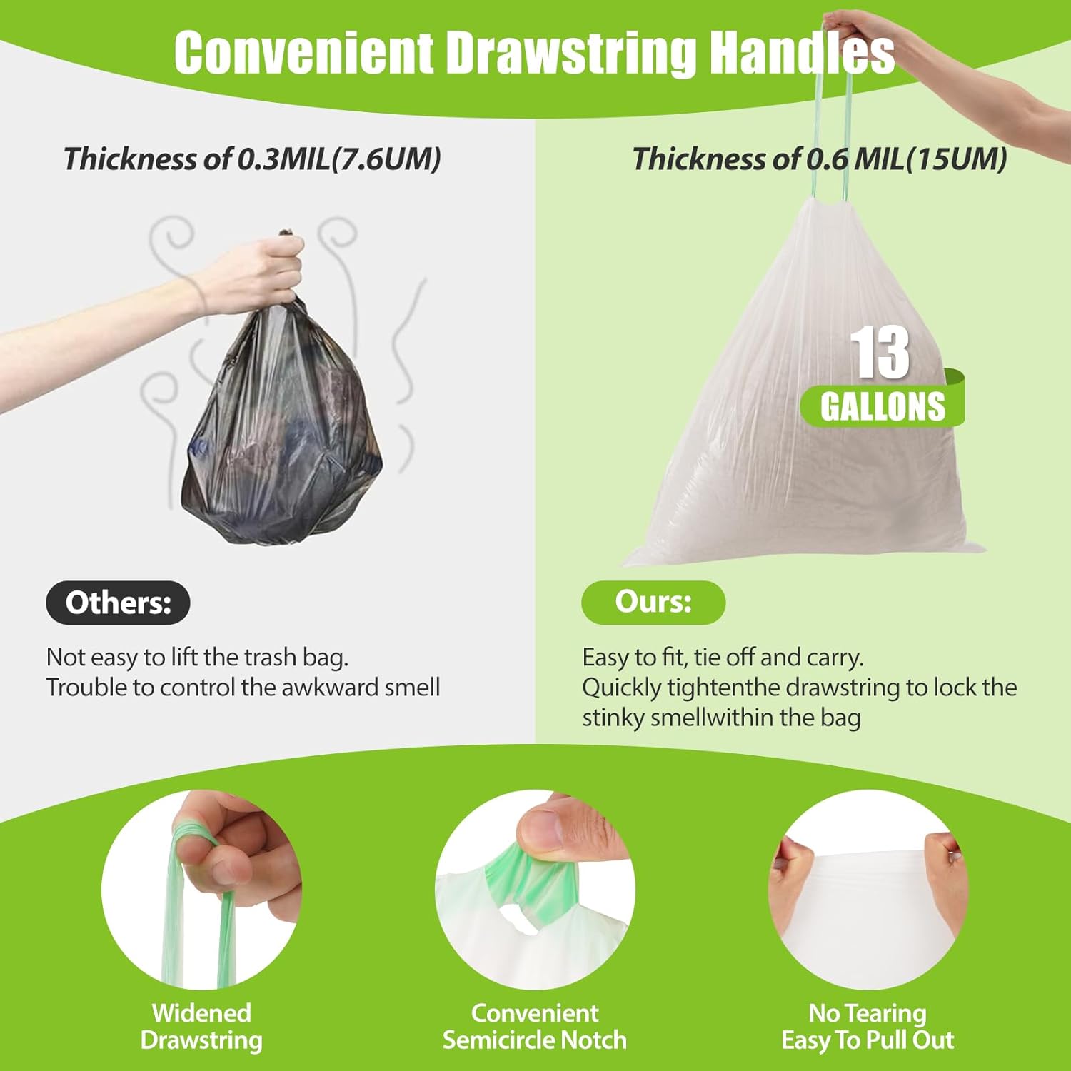 Large Trash Bags 13 Gallon Tall Drawstring 100% Post-Consumer Recycled Garbage Bag Waste Bag for